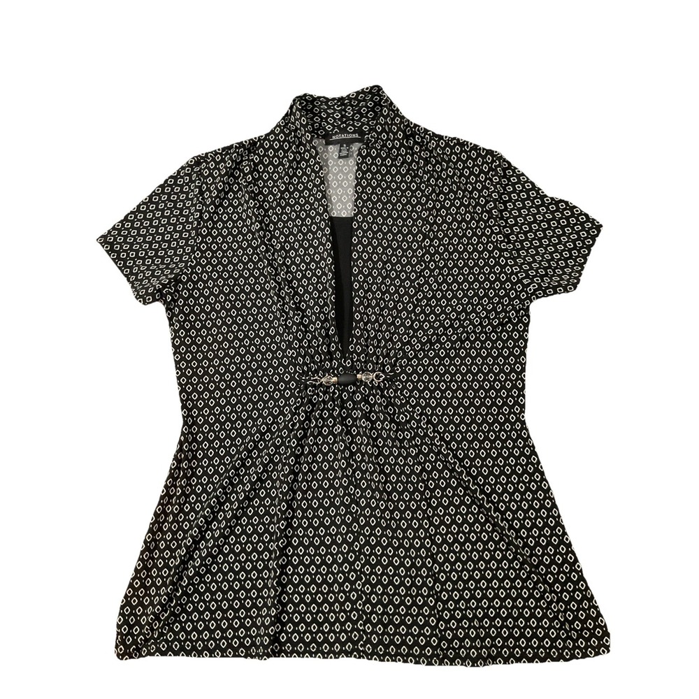 Notations Blouseโ Womens Size Small Black White Pattern Short Sleeve H86